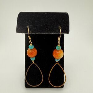 NWOT 3" long Sponge Coral, and turquoise dangle earrings w/ gold over 925 hooks!